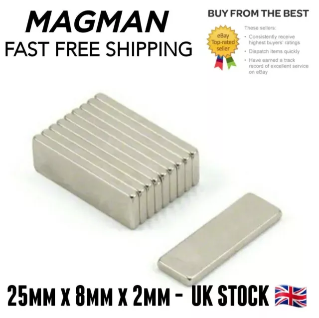 Small Thin Strong Magnets 25x8x2 mm N52 grade neodymium block rectangle magnet