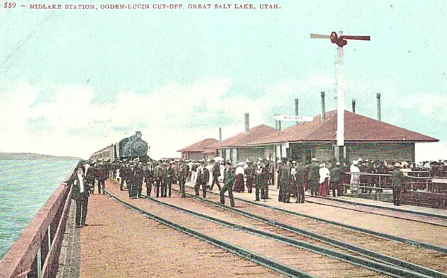 VIntage Postcard-Midlake Station, Ogden-Lucen Cut-off, Great Salt Lake,UT