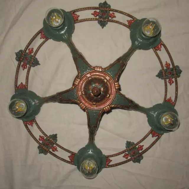 Vtg Deco Tudor Cast Metal Flush Mount Chandelier Ceiling Fixture 1930'S