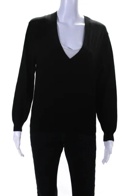 Theory Womens Merino Wool Knit V-Neck Long Sleeve Sweater Top Black Size P