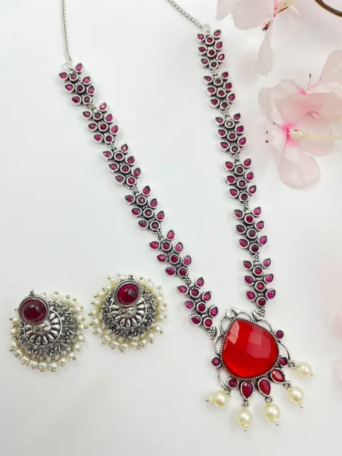 Conjunto de hermoso collar de perlas con tachuelas de piedra roja Conjunto...