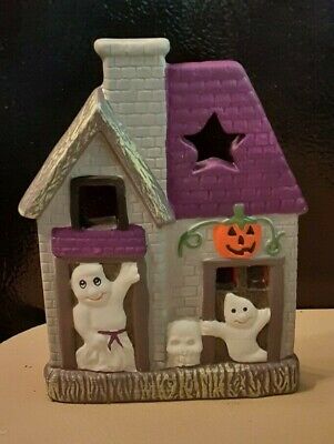 Portavelas de cerámica de tealita de Halloween techo púrpura y fantasmas