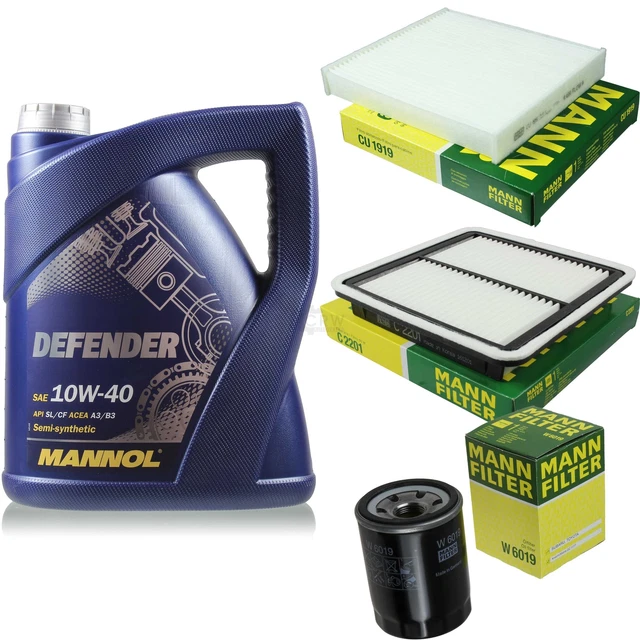 MANNOL Kit Manutenzione Auto - Filtro Olio, Aria E Abitacolo MANN-FILTER + Olio Motore Defender 10W-40 5L