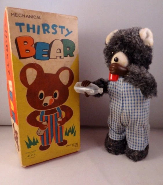 Jouet Mécanique Ancien – Ours Thirsty Bear Buvant Du Lait, Tôle, Avec Boîte