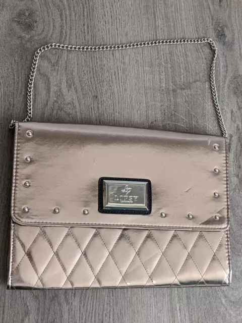 Lipsy Official Studded Clutch Bag  SILVER METALLIC FAUX LEATHER with chain strap