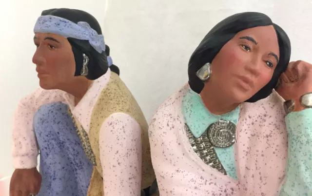 Native American Indian Figurines Sitting Male Female Pair Glazed Ceramic Details 2