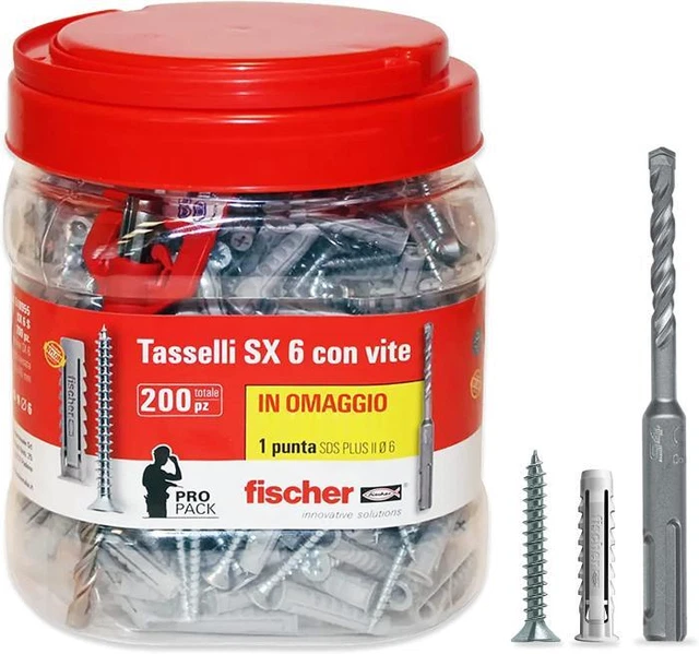 fischer Propack SX 6 S, 200 Tasselli 6x30 con Vite + Punta Trapano SDS 6mm, Bara
