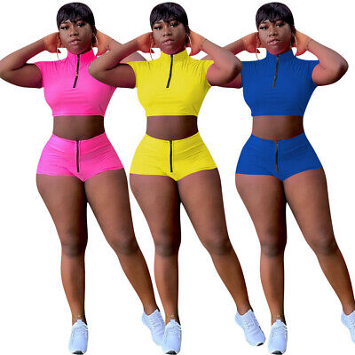 Fashion Casual Zipper Solid Color Navel Short-Sleeved Tops+Shorts Two-Piece Set