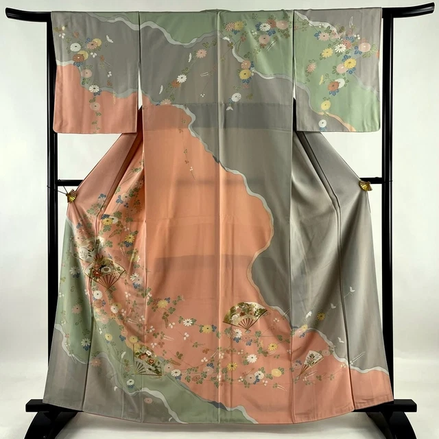 Japanese kimono  "HOUMONGI", Plants, Gold leaf/thread,Plants,Pink, L 5' 4"..3273