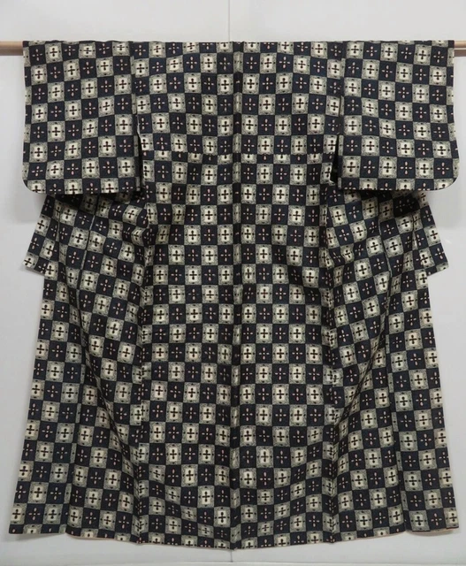 0805i10z730 Vintage Japanese Kimono Silk MEISEN KOMON Dark navy