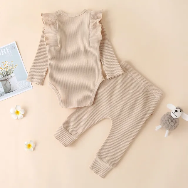 Newborn Baby Girls Ribbed Outfits Ruffle Romper Jumpsuit Pants Xmas Party Set 10