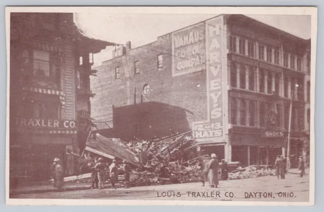 1913 Dayton Ohio Flood Photo Postcard Louis Traxler Co. Harvey's Hats Shoe Store