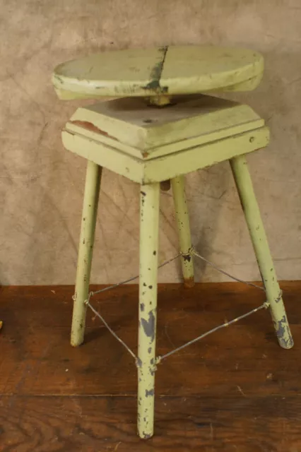 Vintage Industrial Wood Metal Adjustable Shop Stool Chippy Chic Green