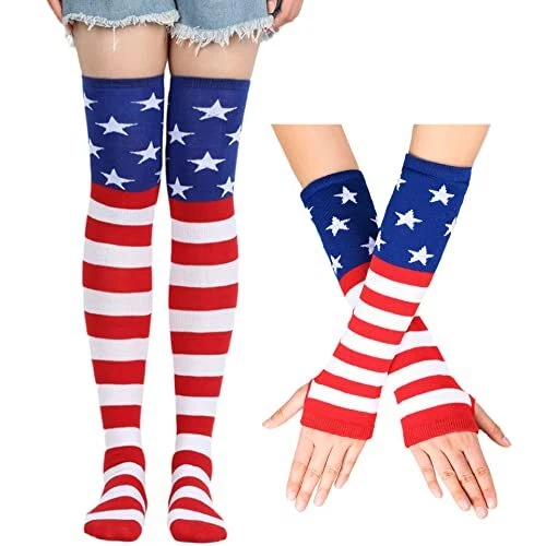 Striped Arm Warmer Fingerless Thumb Hole Mittens Gloves Knee High Socks Sets