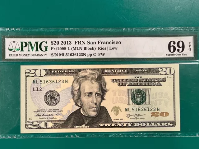 Fr#2098-L 2013 $20 Federal Reserve Note Dallas - PMG 69 EPQ Superb Gem Unc