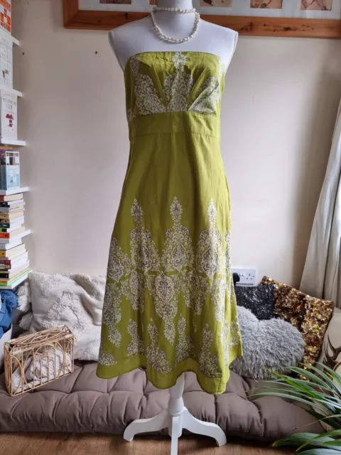 Monsoon Lime Green Strapless Bandeau Embroidered A-Line Midi Dress Size 12