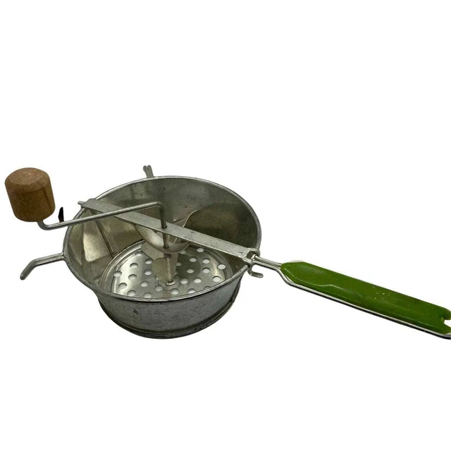 Potato Masher Kitchenalia Vintage Silver Tone Green Plastic Handle Retro Austria