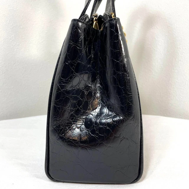 Rare Longchamp Leather Handbag Tote Bag Croc Embossed with Gold Charm Black 5
