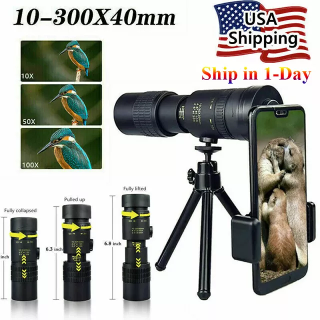 4K 10-300X40mm Super Telephoto Zoom Portable Monocular Telescope Tripod + Clip