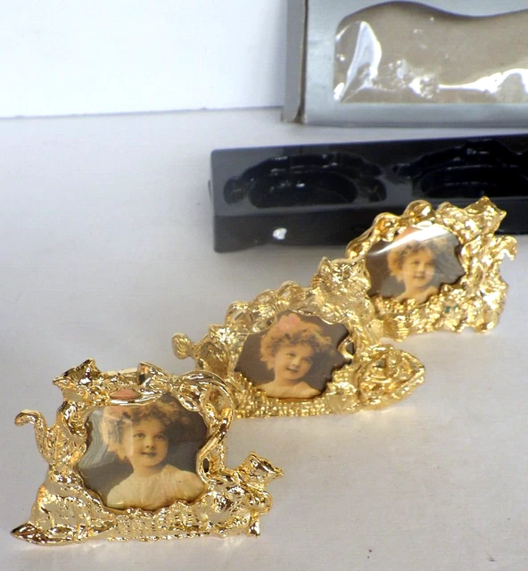Vintage Gold Pewter Miniature Picture Frames Cat Motif in Box Set of 3 Taiwan