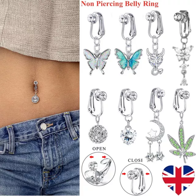 Fake Belly Button Non Piercing Bars Clip On Barbell Navel Surgical Steel Bar UK
