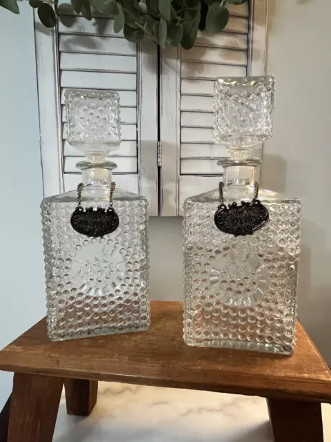 2 MCM Glass Decanters with Reversible Hanging Tags. Gin, Scotch, Rye, Bourbon.