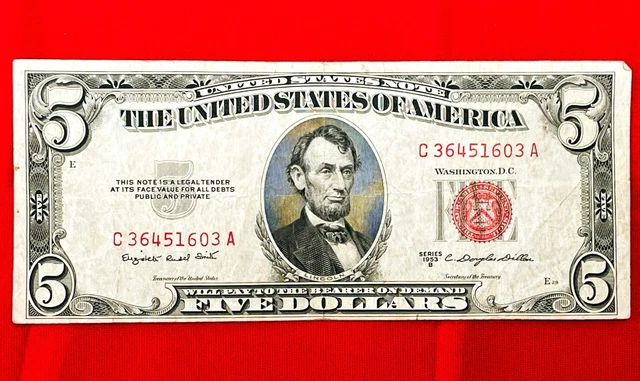 1953 SILVER CERTIFICATE $5 Five Dollar Bill RED Seal & Serial C36451603A Money