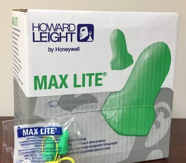 Howard Leight Max Lite Corded Foam Ear Plugs Lpf-30 Green (100 Pair/Box)