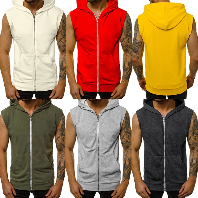 Felpa Casual Da Uomo Con Cappuccio Senza Maniche Con Zip Felpe Con Cappuccio Giacca In Cotone Tinta Una Gilet Gilet Tasche Top S - XXXL - Foto 7