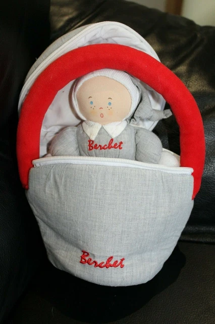 Doudou peluche poupée blanc gris BERCHET avec sac gris blanc rouge TBE