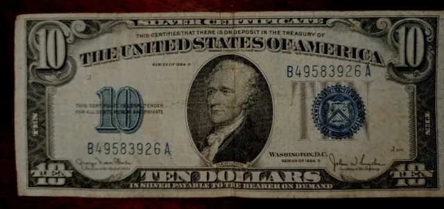 1934 D  $10 Silver Certificate Note  Blue Seal