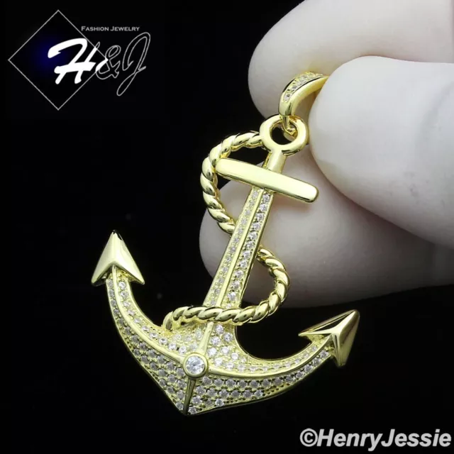 Men Women 925 Sterling Silver Icy Bling Cz 3D Gold Plated Anchor Pendant*Gp449