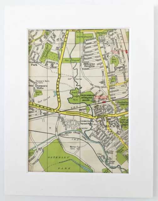 Antique 1940s London Map - Mounted - Colour - HANWELL, GREENFORD PARK, OSTERLEY