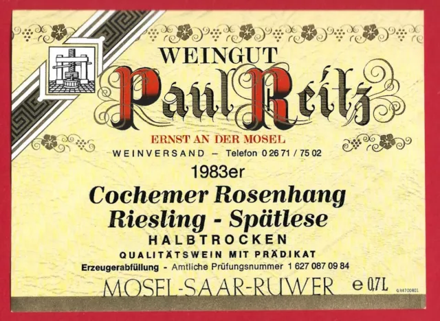 D141 Etiquette LABEL Weinetikett MOSEL 1983 COCHEMER ROSENHANG RIESLING, REITZ