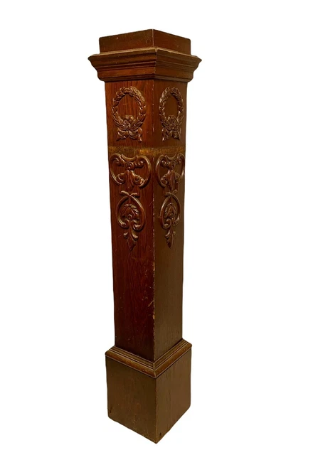 Antique Victorian Ornate Square Oak Wood Newel Post 43 X 8 X 8