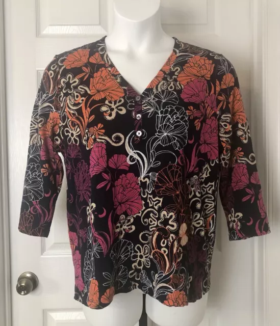 Chico's 3/4 Sleeve Top Womens 2 Size Large V-Neck Black Bright Floral Print