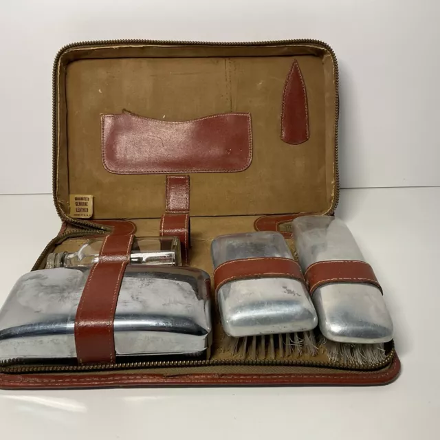 Vintage Mens Travel Grooming Kit Vanity Case Set in Leather Brown Zipper Case