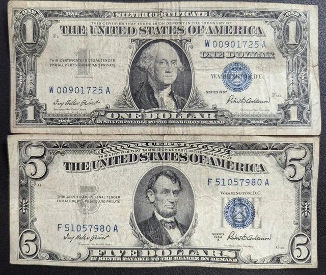 1957 $1 One Dollar and 1953 $5 Five Dollar Silver Certificates             (079)