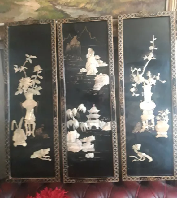 " Vintage" Chinese Mother of Pearl on lacker Wall Art Decorative Plaque set of 3 3