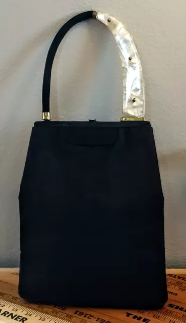 Vtg Rosenfeld Black Suedelike Handbag Evening W/Lucite Mother-of-Pearl Handle Vtg Rosenfeld Black Suedelike Handbag Evening W/Lucite Mother-of-Pearl Handle