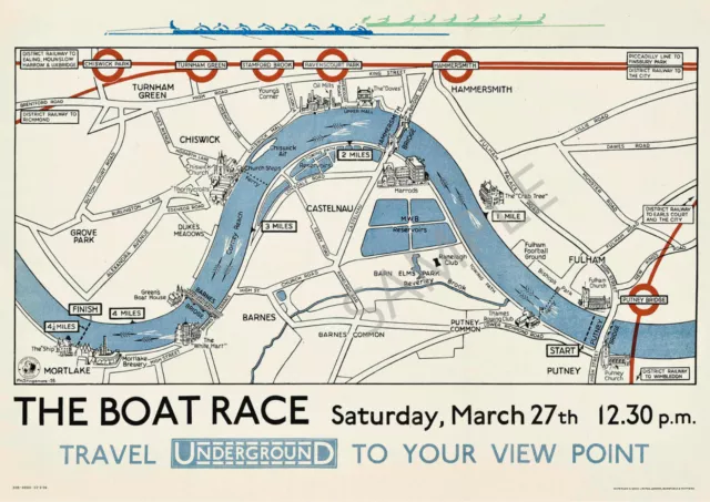 Vintage Railway Poster London Boat Race 1926 Thames Map Oxbridge Art Print A3 A4