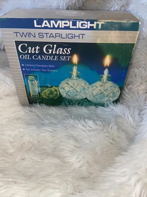 NEW Lamplight Twin Starlight Blown Cut Glass Oil Candle Set w/Ultra Pure Candle