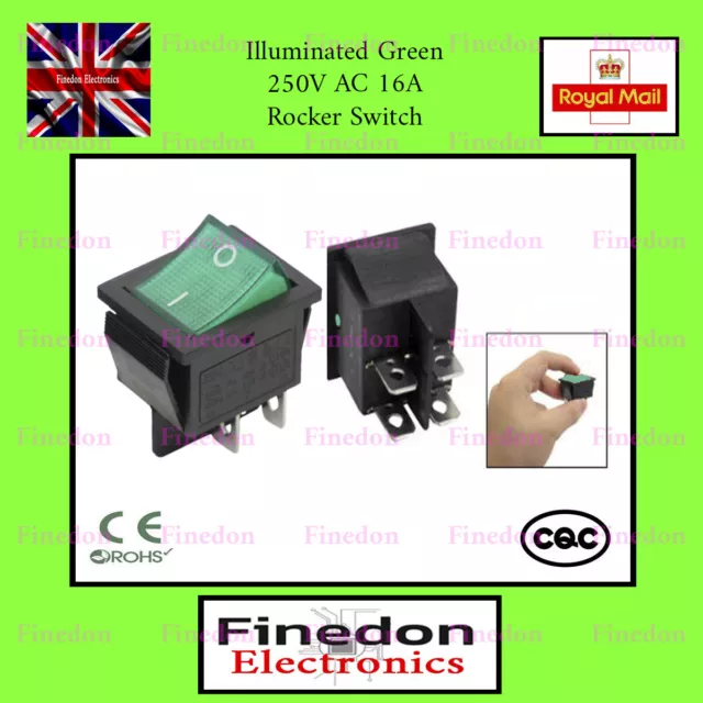 Rocker Switch 16A 240V, 20A 125V Green ON-OFF Double Pole 4 Pin ILLUMINATED