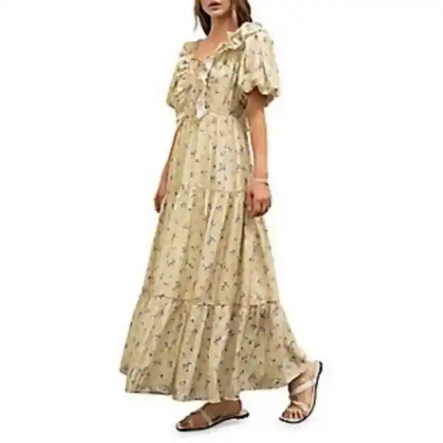 Moon River Yellow Floral Tiered Puff Sleeve Cottagecore Maxi Dress Prairie Small