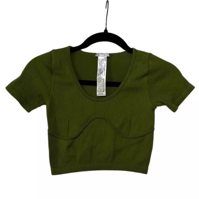 Top recortado Zara verde sin costuras tejido manga corta cuello talla XS