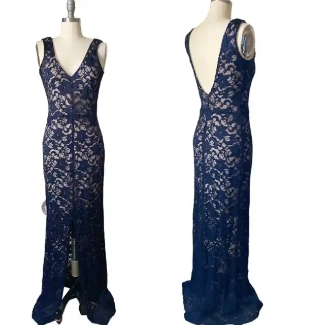 Belle Badgley Mischka Women's Dress Size 6 Blue Lace Overlay Maxi Evening