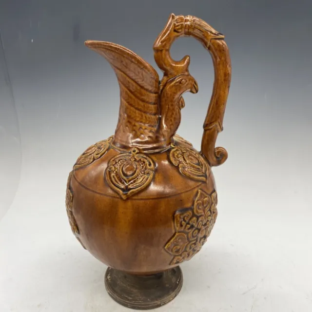 11.8" china antique liao dynasty tricolor monochromatic glaze handled ewer
