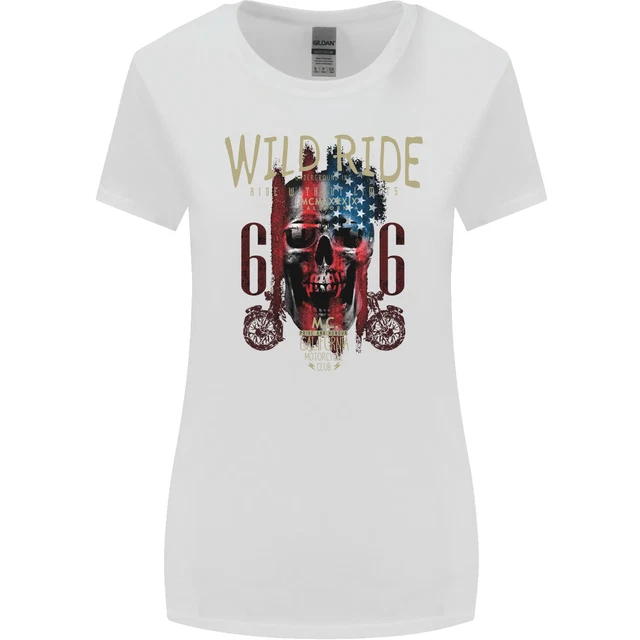 Biker USA Flag Skull Motorbike Motorcycle Womens Wider Cut T-Shirt