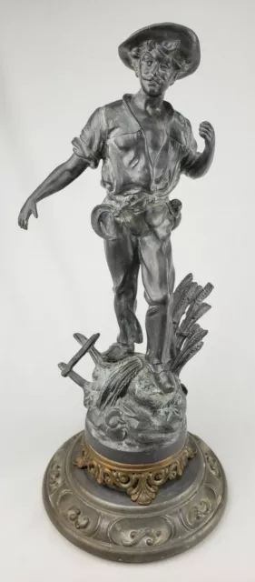Antique 19thc Figural Spelter Statue Man Hunter Farmer French Art Nouveau