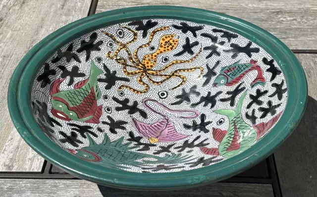 Art Pottery Hand Painted European Octopus Fish Large Centerpiece Serving Bowl 3